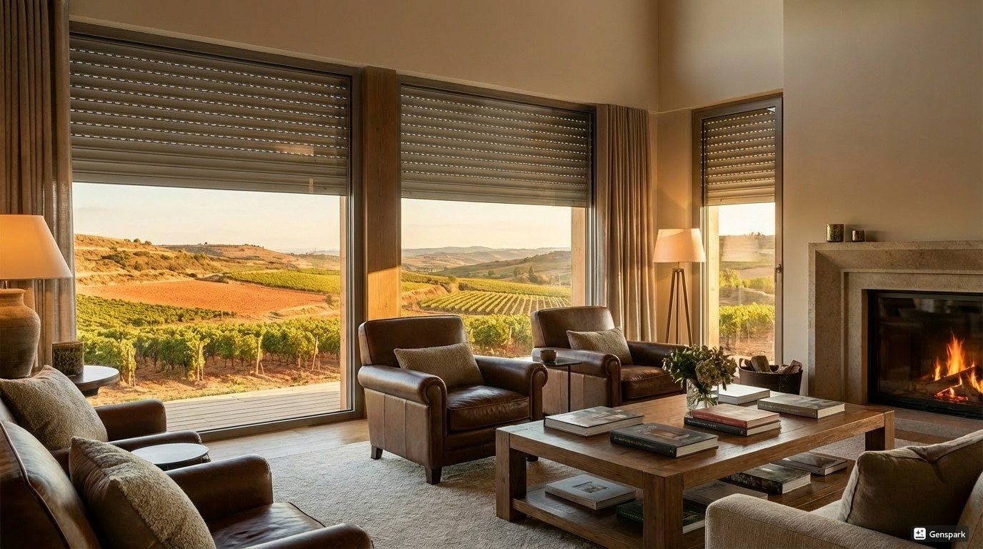 Persianas motorizadas en salón moderno con vistas a viñedos de La Rioja - Instalación profesional Persalex